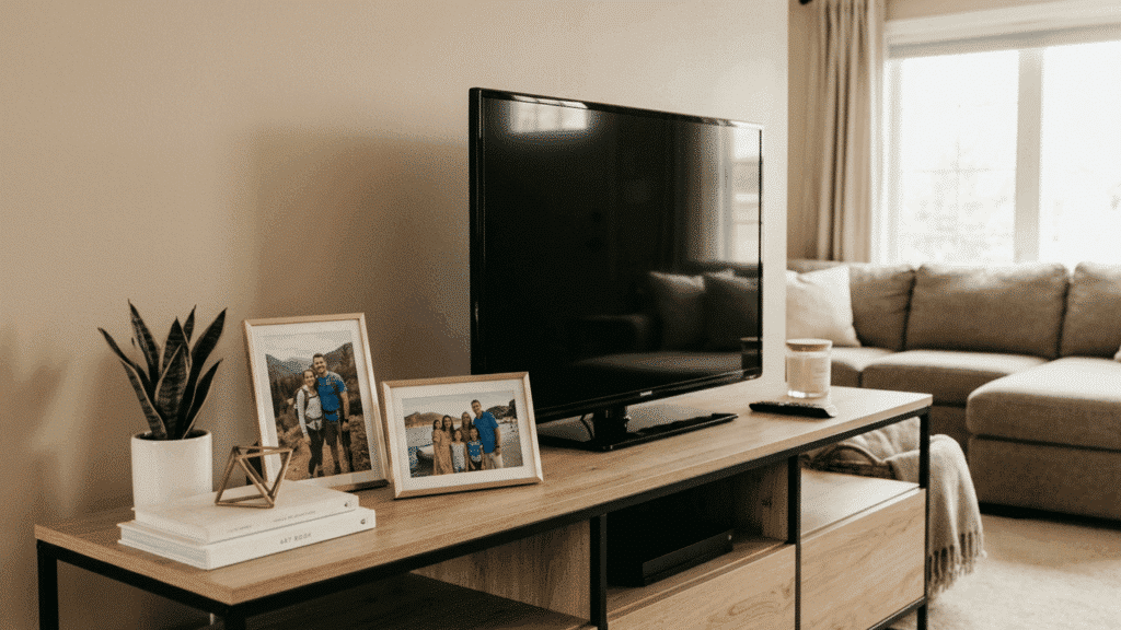 tv stand with framed photos, plant, and books in a cozy modern living room.