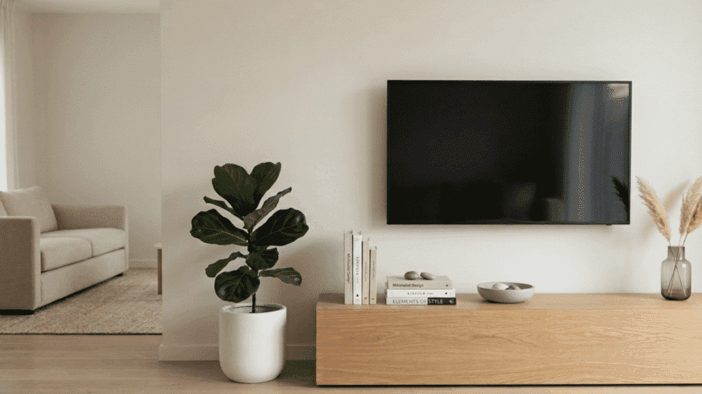 tv stand with plant, books, and neutral decor styling.