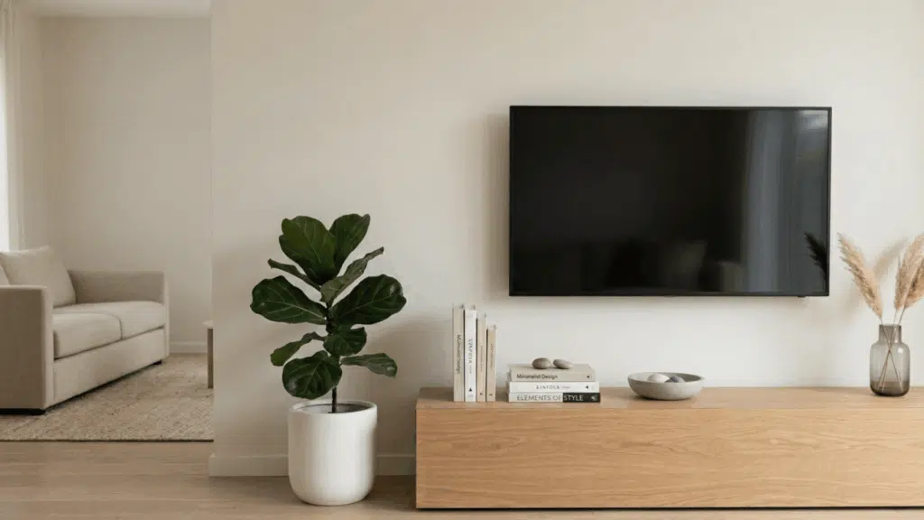 tv stand with plant, books, and neutral decor styling.