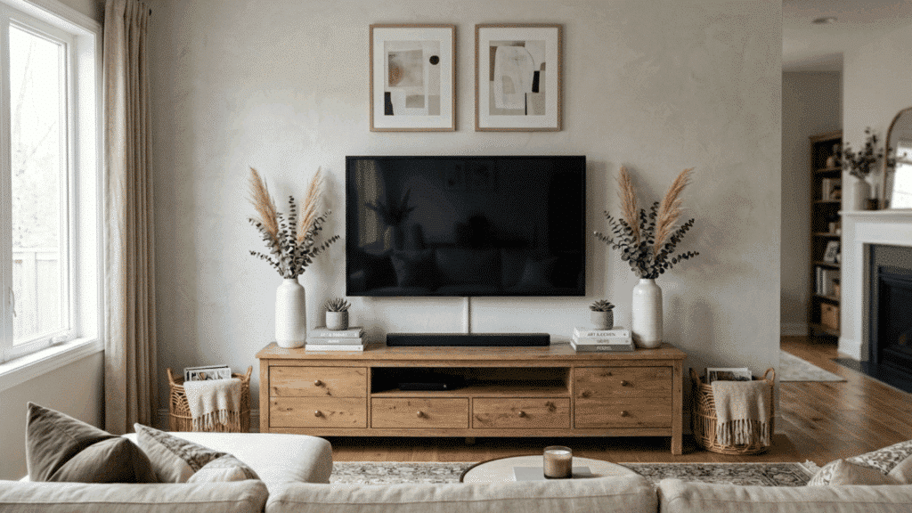 tv stand with plants, and balanced decor styling