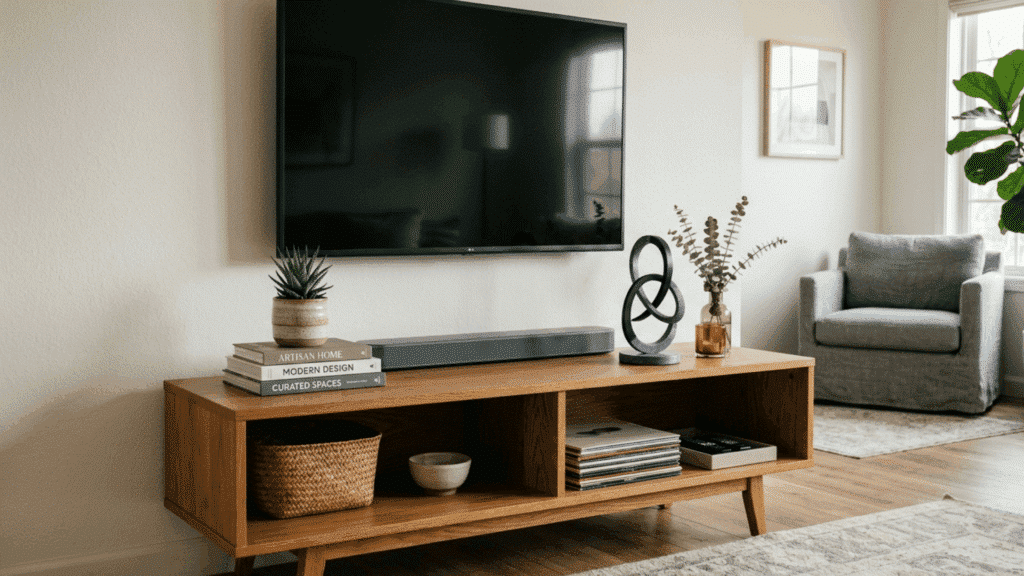 tv stand with soundbar, books, and modern decor in a bright living room.