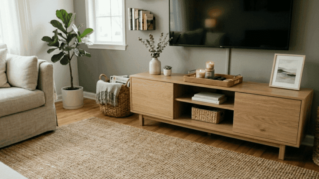 tv stand with tray, candles, framed art, and basket storage in living room.