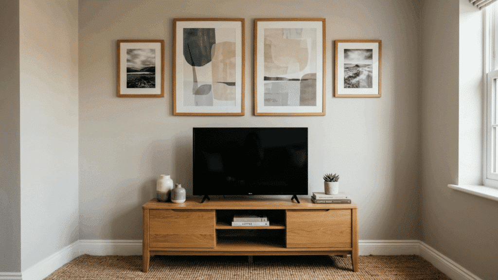 tv stand with wall art gallery and minimal decor in a neutral living room.