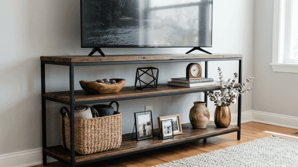 tv stand with wood shelves, baskets, and decorative accents.