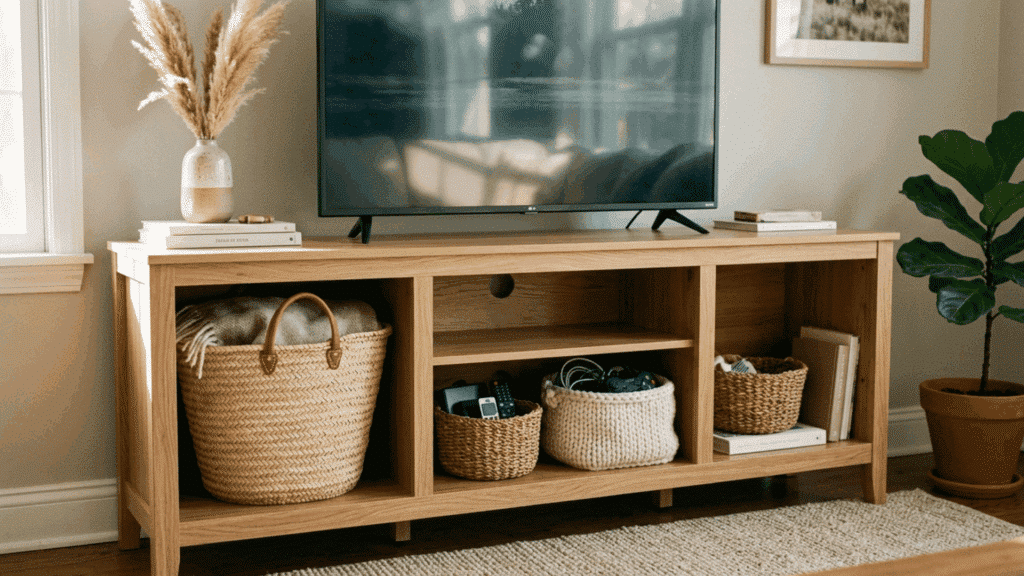 tv stand with woven baskets, storage, and neutral decor in cozy living room.
