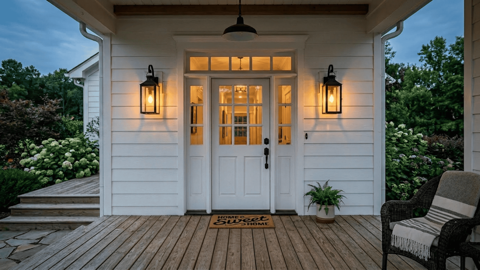 two black lantern wall sconces mounted on either side of a white farmhouse front door glowing warmly