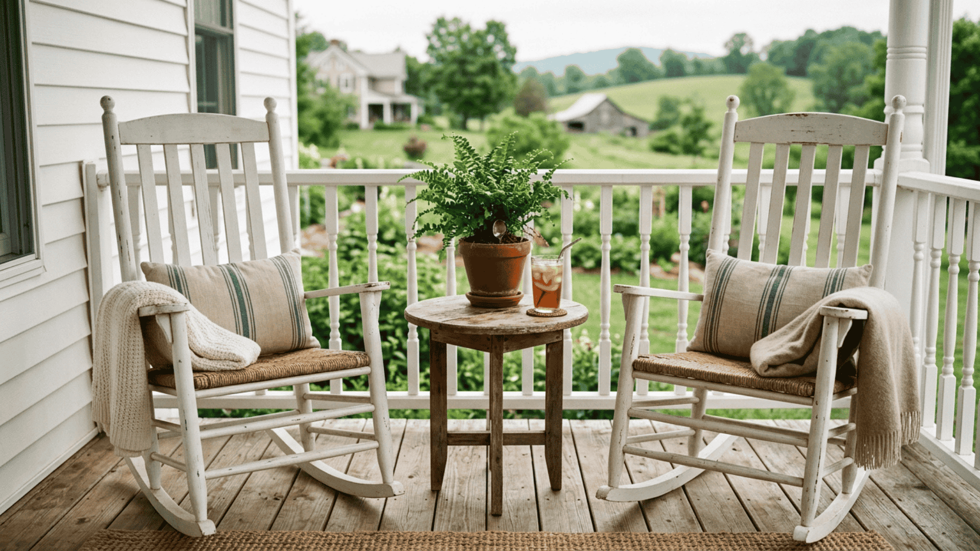 two farmhouse porch chairs with small round wooden side table holding a potted plant and drink between them