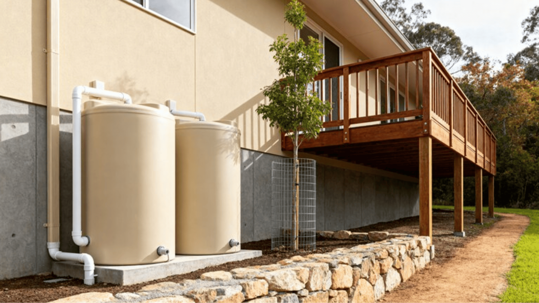 two large, beige water tanks are situated next to the house, connected by white pipes to the gutter system. A small tree, enclosed by a wire cage