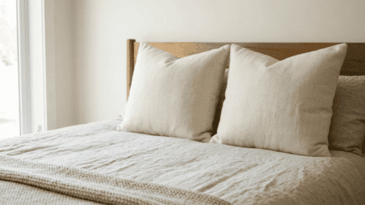 two large euro shams in herringbone pattern placed on a bed with wooden headboard and neutral linen bedding