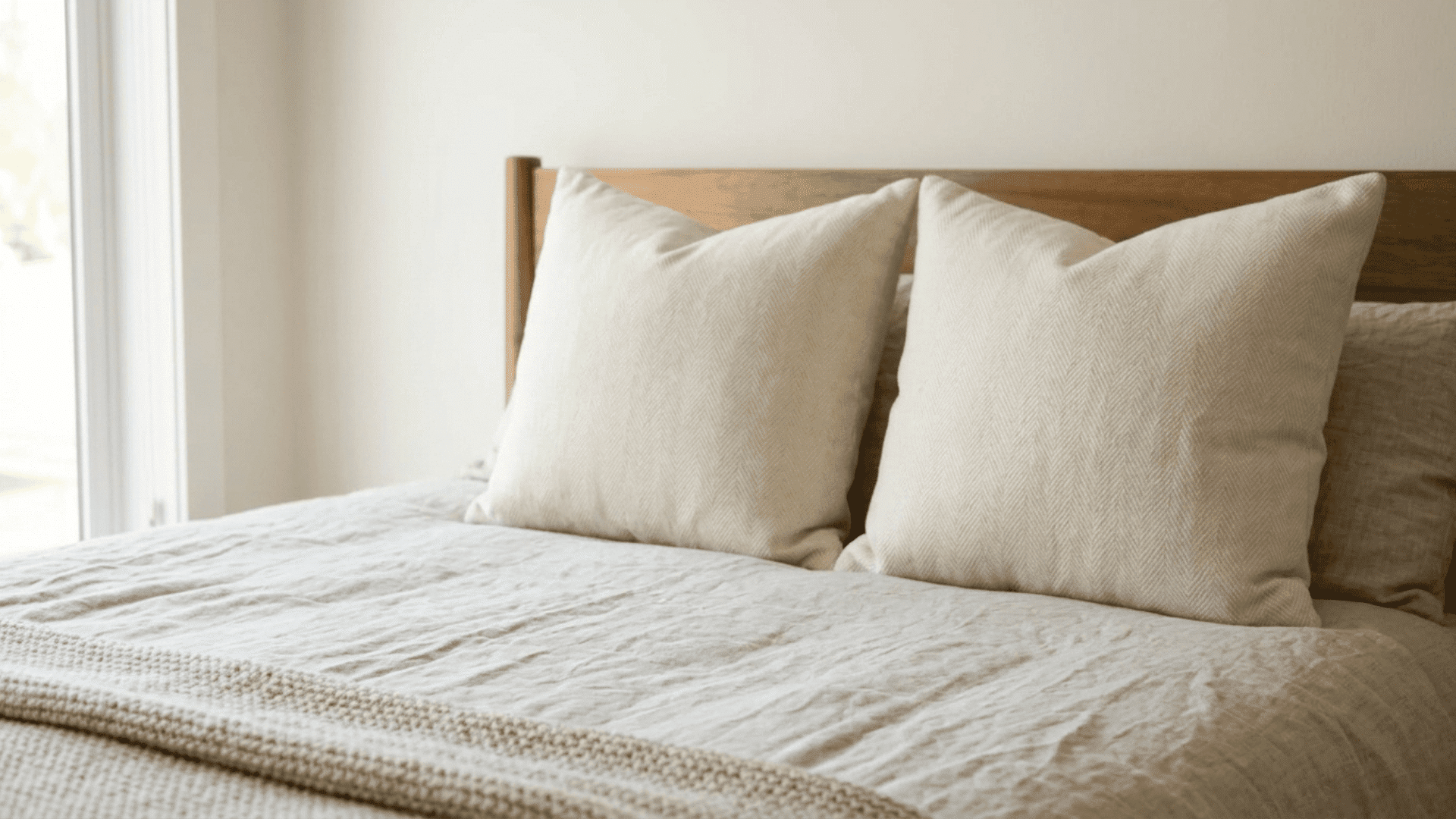 two large euro shams in herringbone pattern placed on a bed with wooden headboard and neutral linen bedding