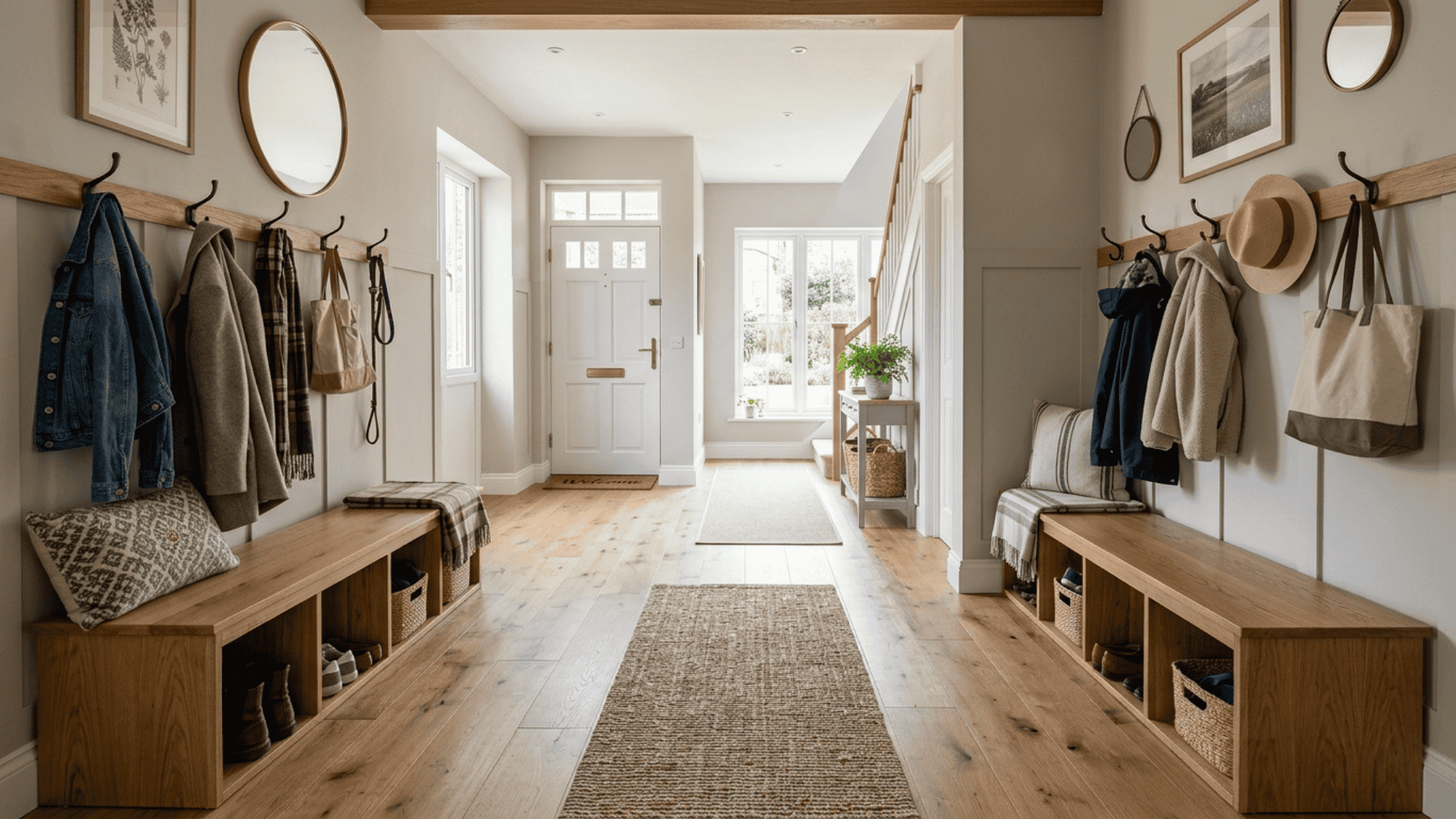 two matching wooden benches on opposite entryway walls with open cubbies below and hooks above and clear walkway between them