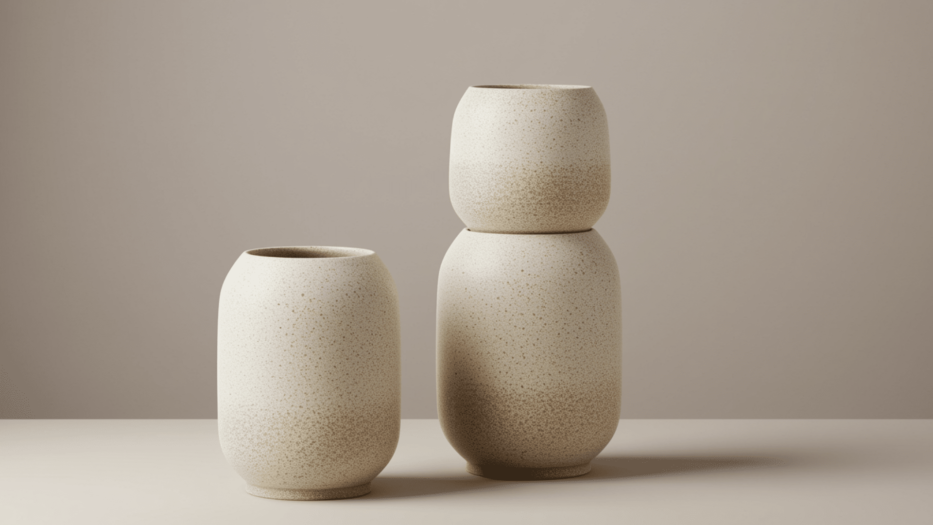 two neutral ceramic vases in different sizes displayed on plain surface against soft beige background in minimal setting