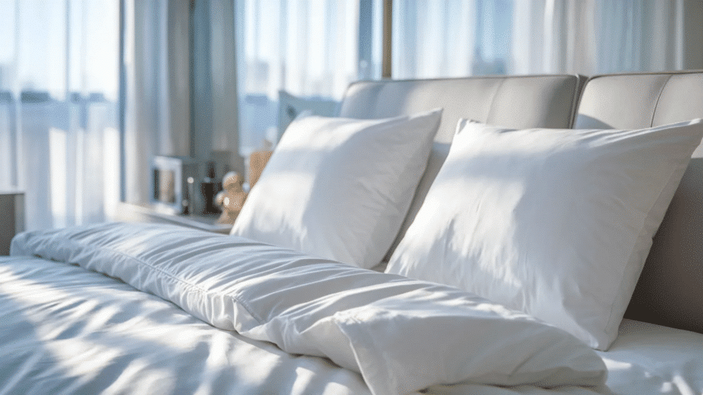 two standard pillow shams propped against a headboard on a neatly made bed with white bedding