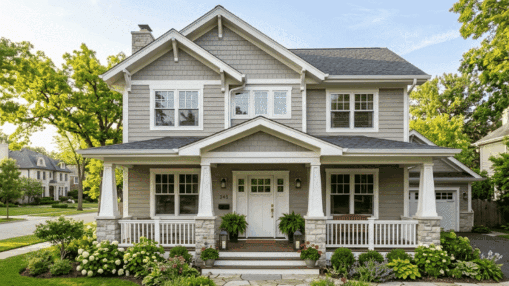 two story house with agreeable gray siding white trim porch columns landscaped garden suburban neighborhood daylight view (1)
