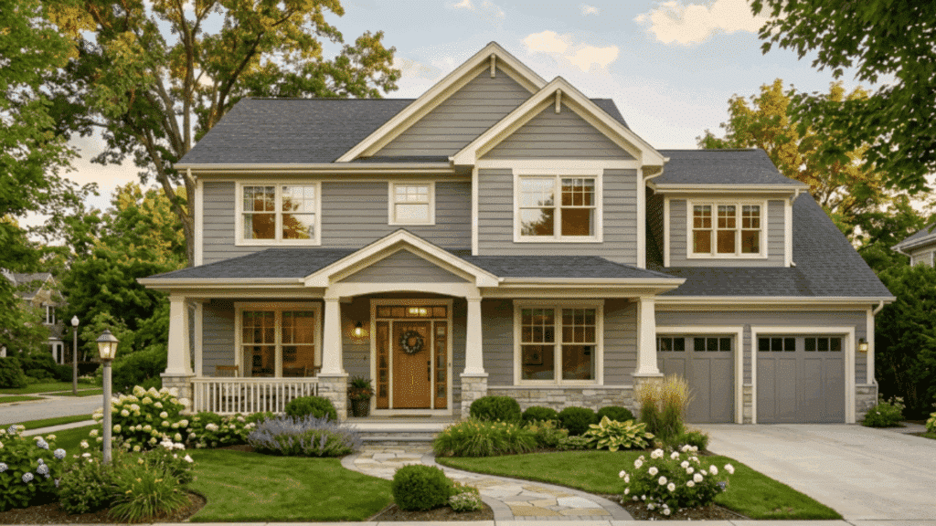 two story house with warm gray siding cream trim brick walkway landscaped garden golden hour lighting