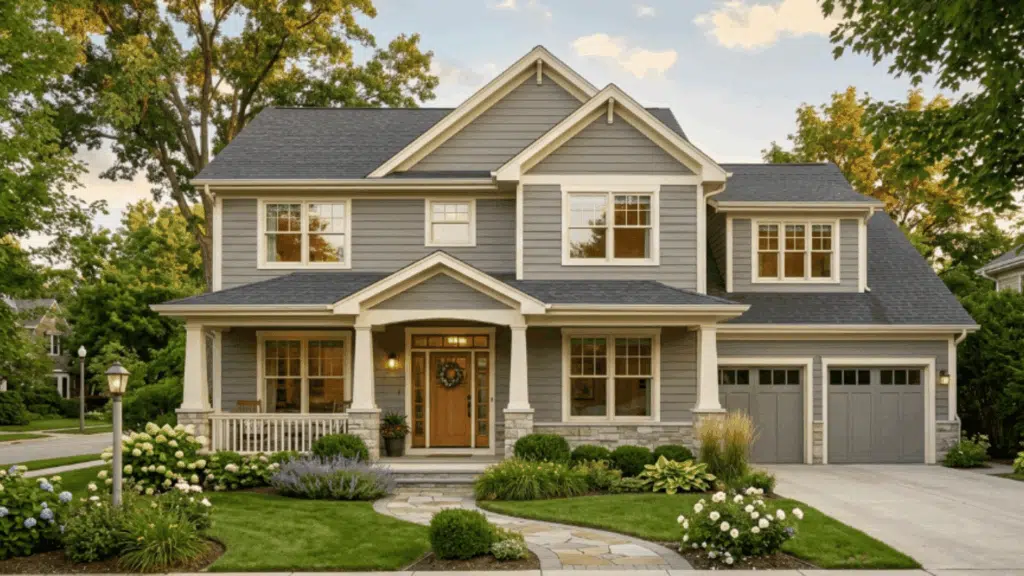 two story house with warm gray siding cream trim brick walkway landscaped garden golden hour lighting