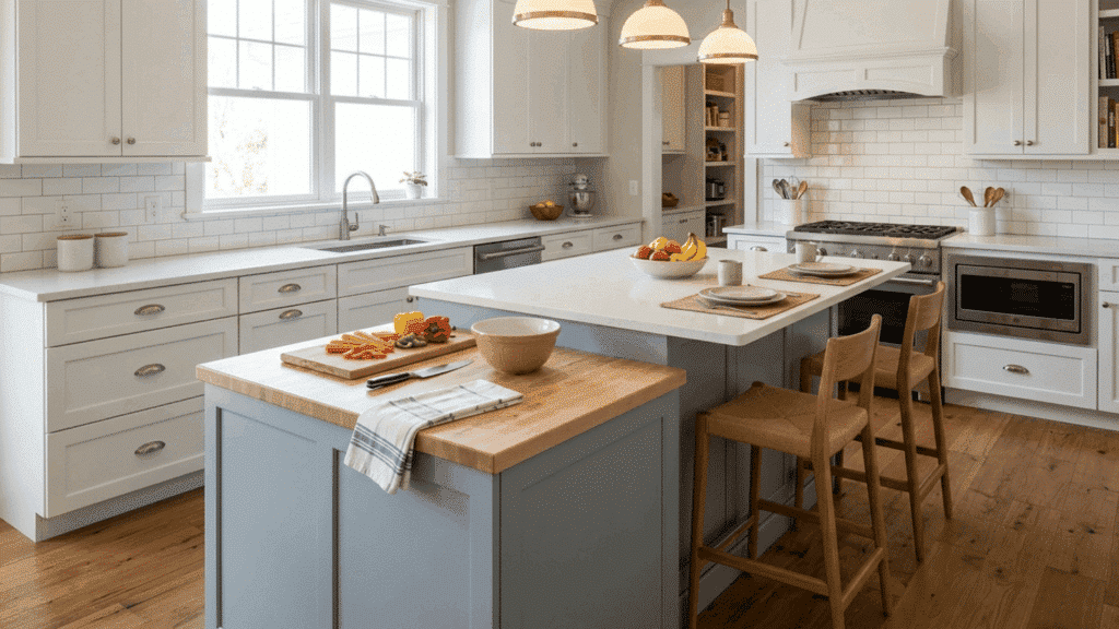 two-tier kitchen island with seating and prep area in a modern white kitchen.