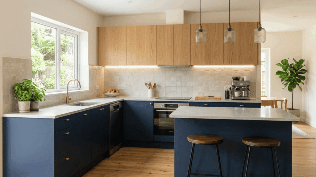 two-tone modular kitchen cabinets mixing light and dark shades to add contrast and visual depth