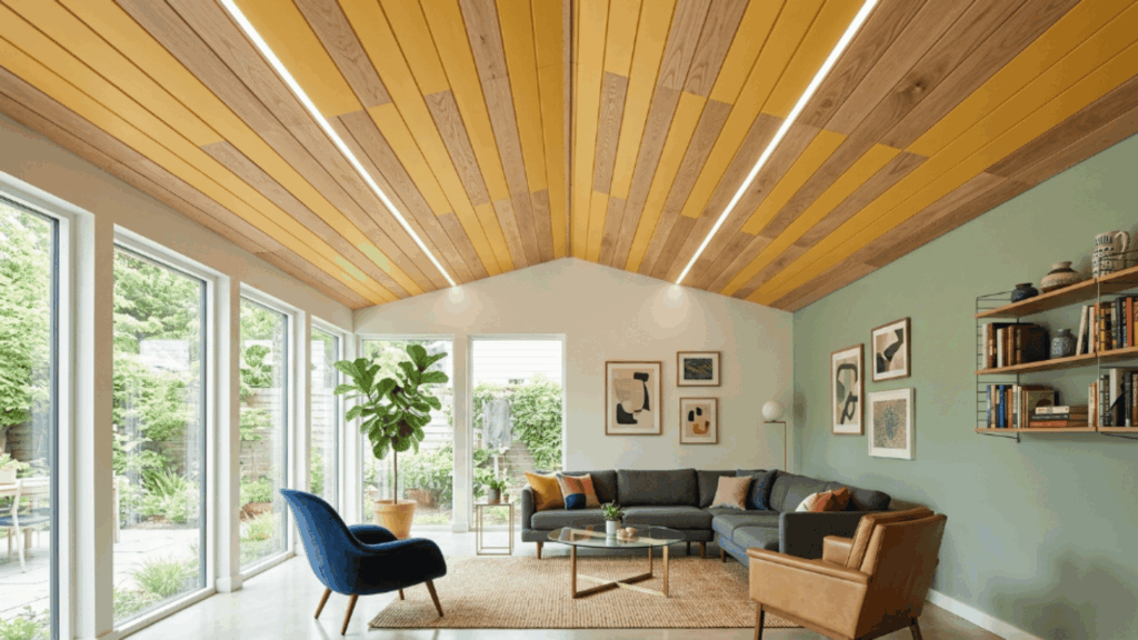 two tone shiplap mixes painted boards and natural wood to create contrast and a layered ceiling look