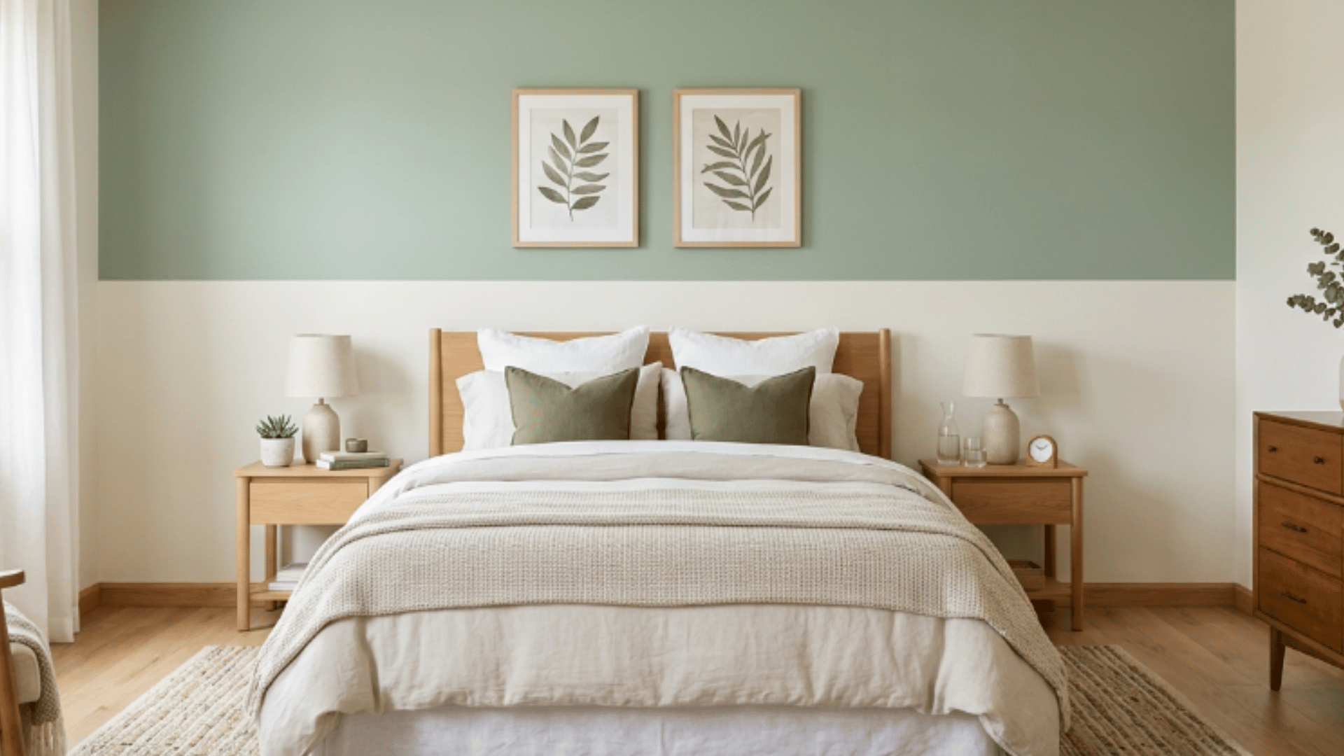 two-tone wall split horizontally with soft colors adding structure and visual balance behind the bed