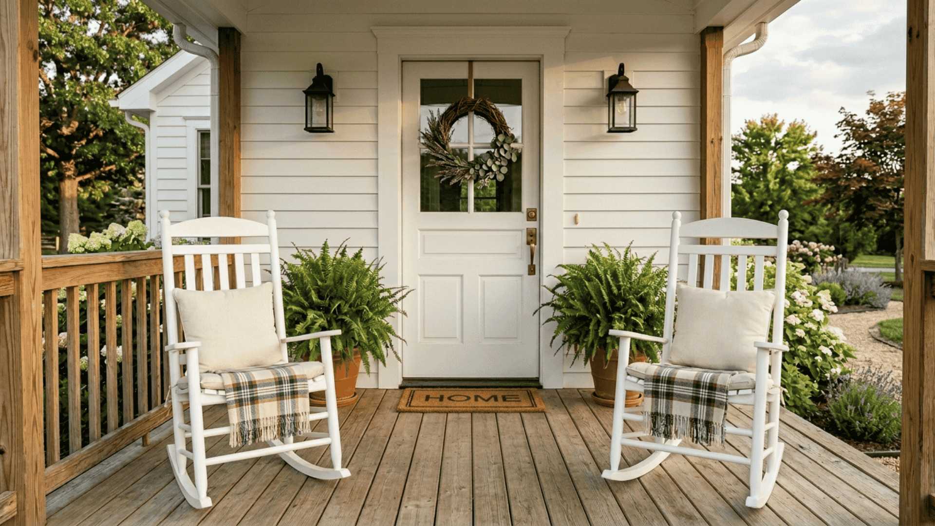 two white rocking chairs framing a farmhouse front door with a small wooden side table between them