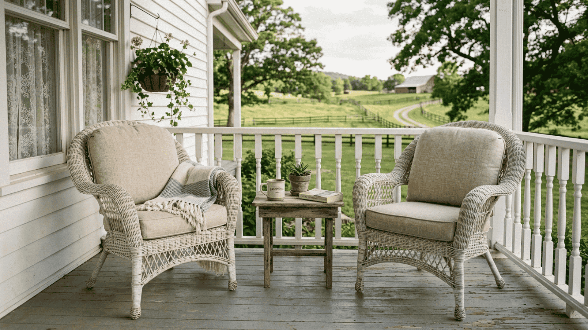two whitewashed wicker chairs with neutral cushions and a wooden side table on a farmhouse front porch