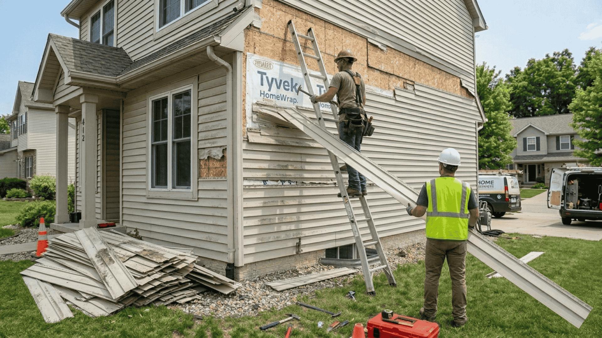two workers removing old vinyl siding panels from a residential home exterior with exposed osb sheathing and removed panels stacked on the ground