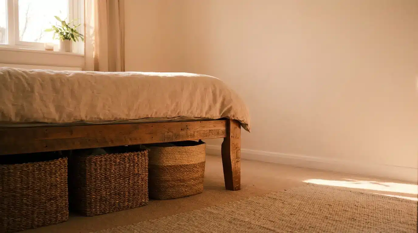 Warm-toned bedroom with wooden bed, wicker baskets underneath, and a potted plant by the window