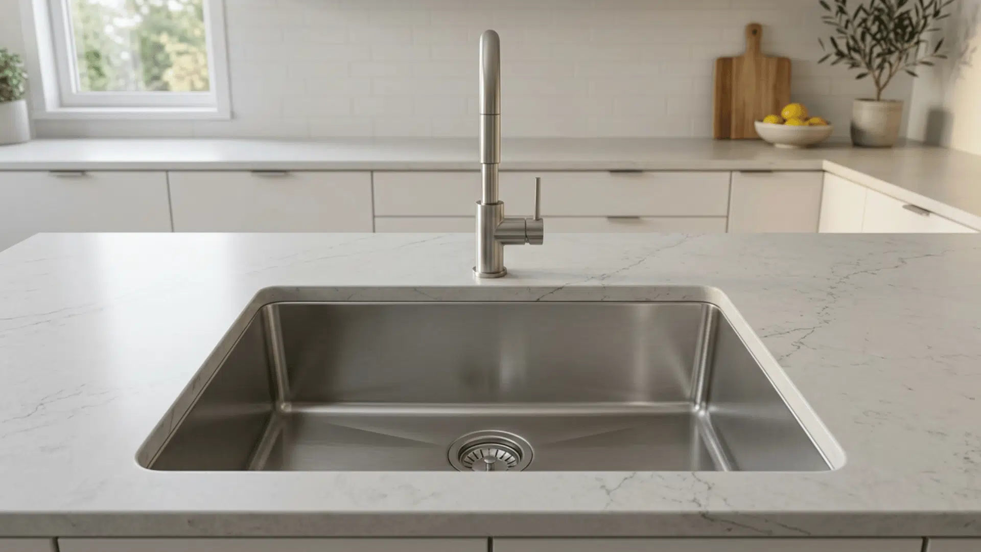 undermount sink with seamless edges below countertop with clean empty basin and modern kitchen look