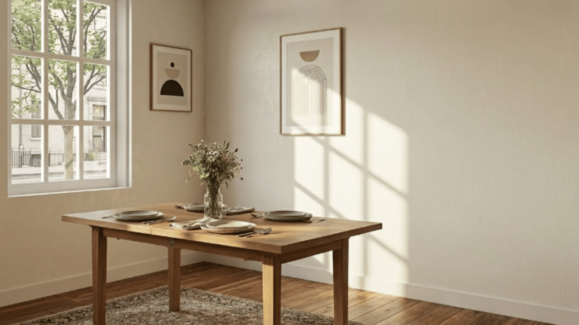 underwooden table in minimal room with sunlight from window casting shadows on wall and floor