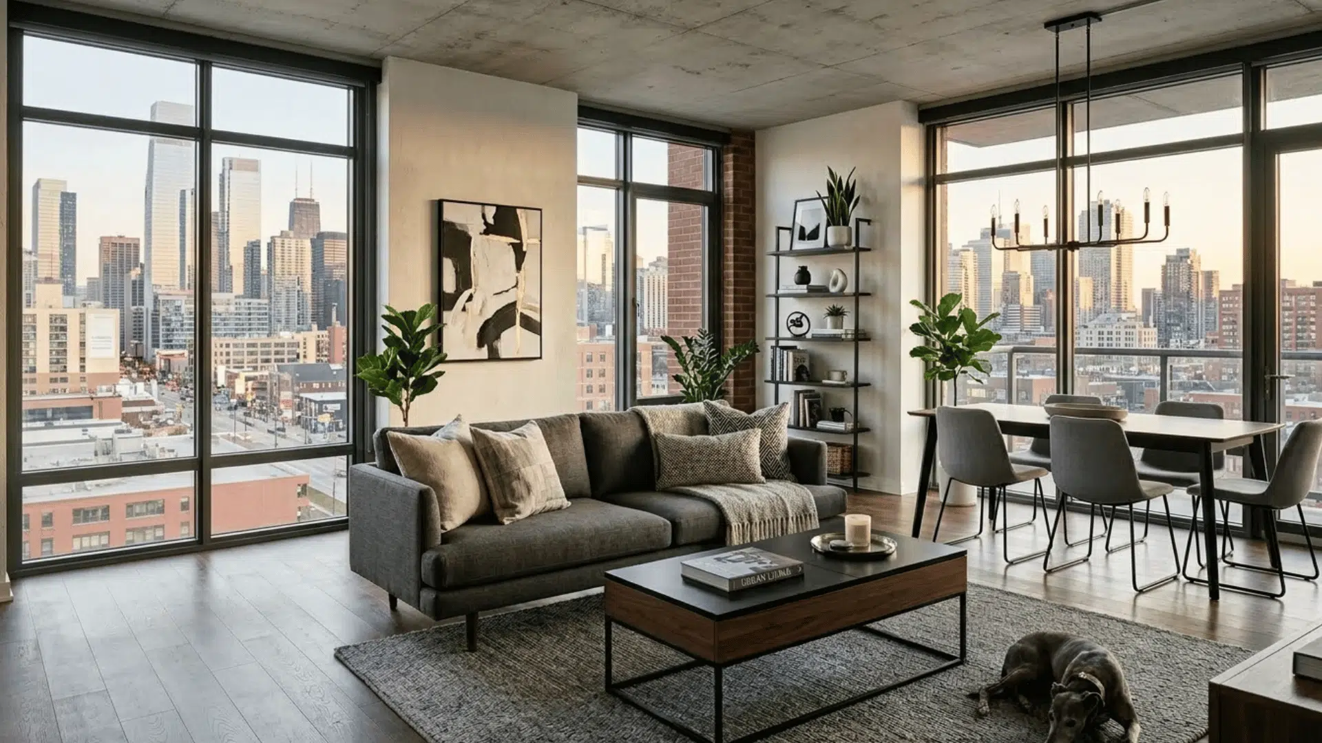 urban modern living room with city skyline view, sleek furniture, and large glass windows.