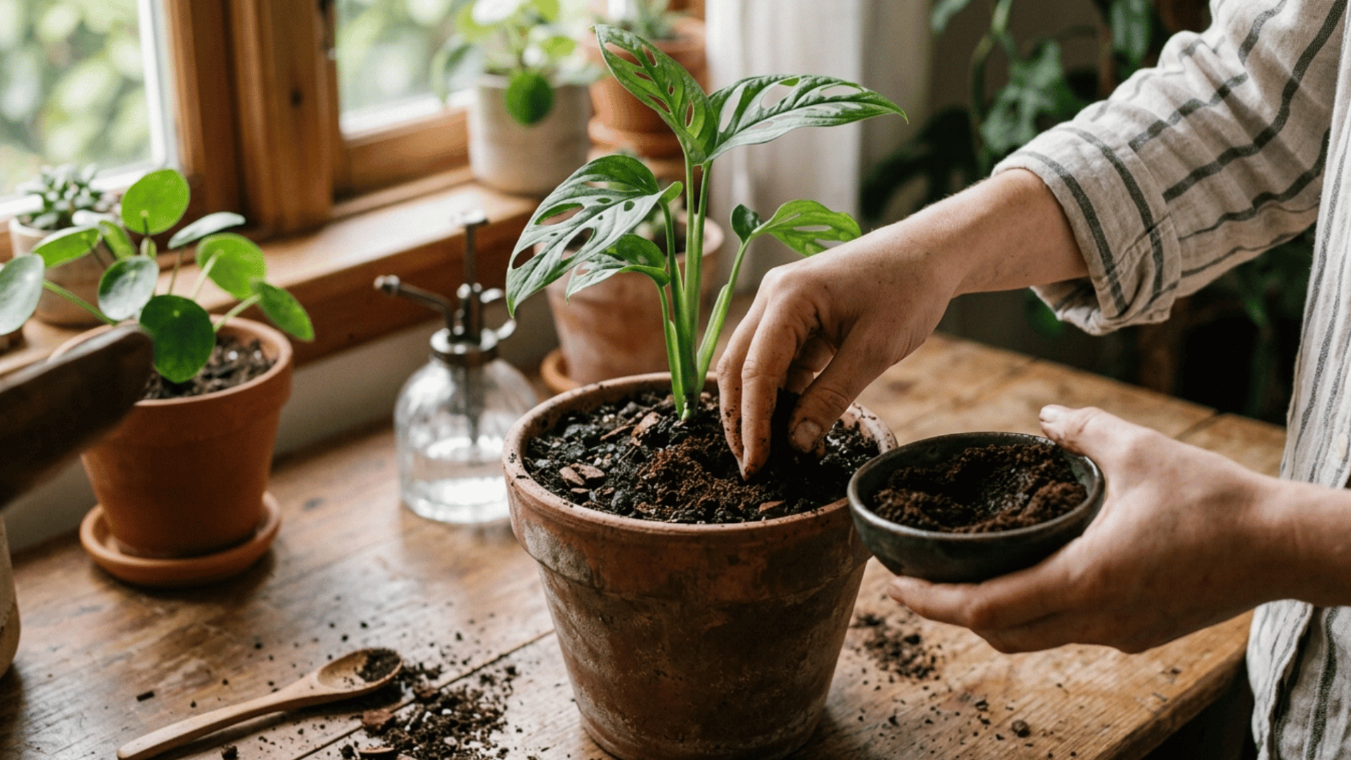 used coffee grounds sprinkled around potted plant soil indoors for natural plant nutrition