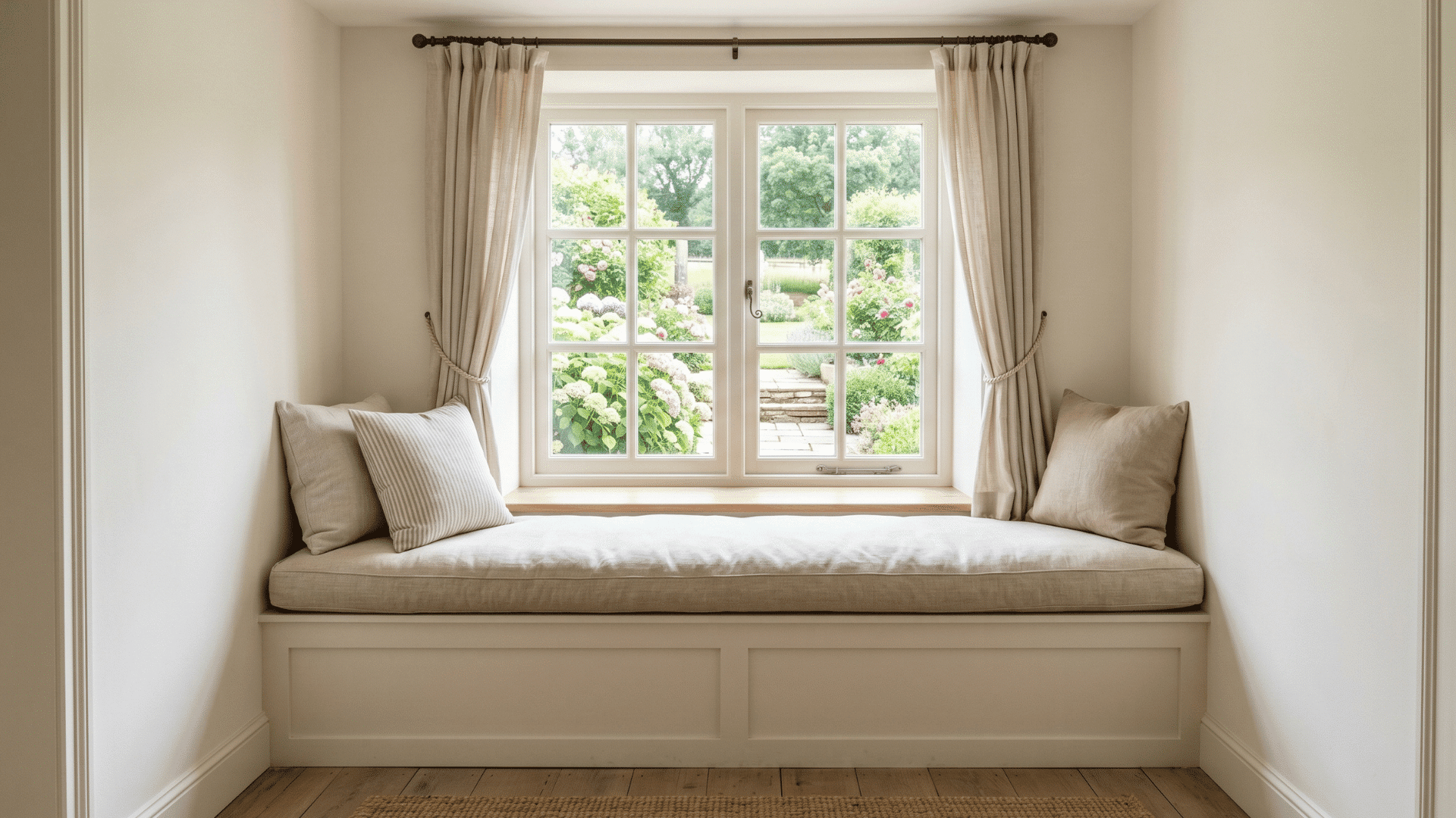 uses a cushioned seating nook near windows to create a quiet and comfortable corner