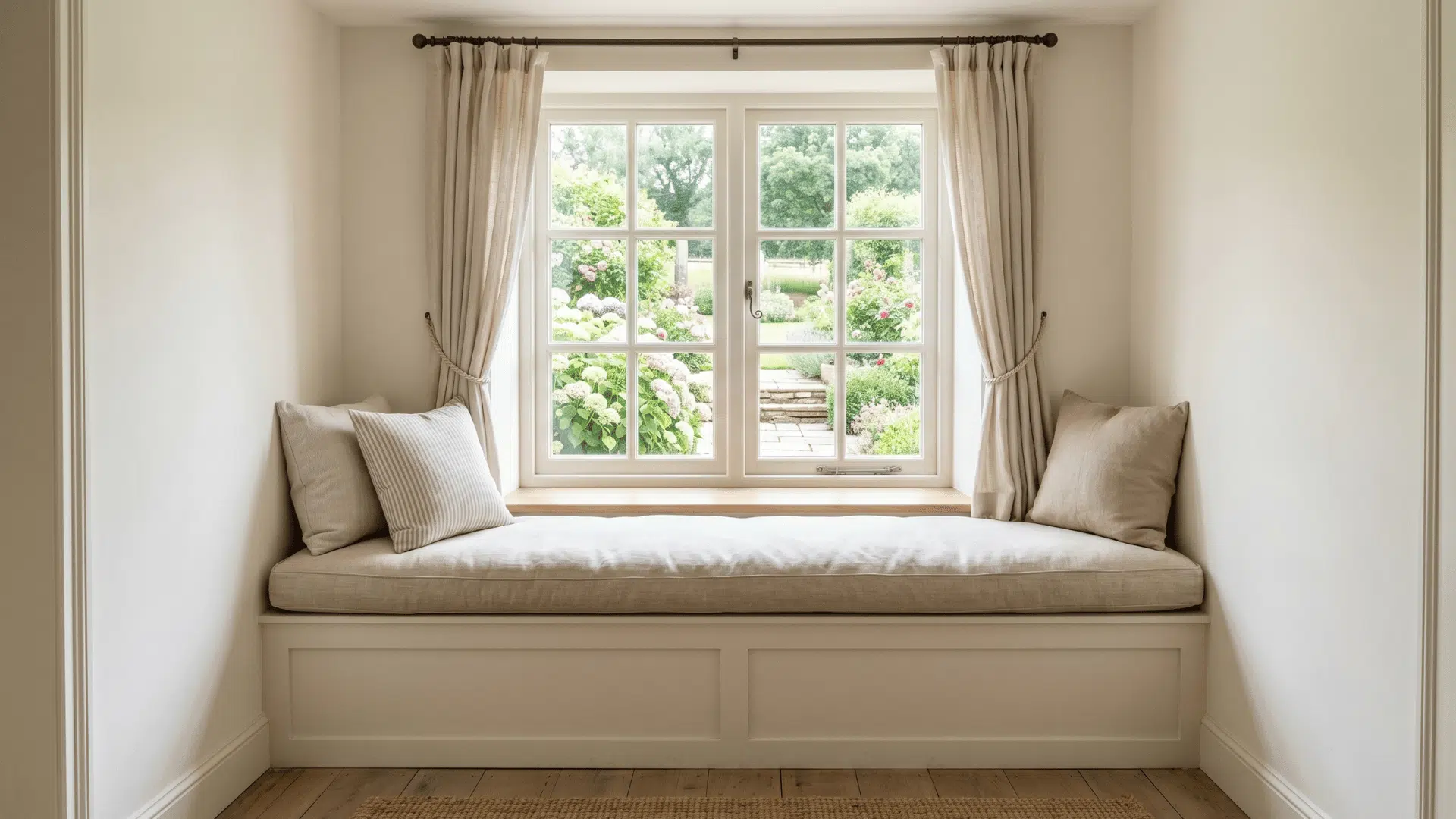 uses a cushioned seating nook near windows to create a quiet and comfortable corner