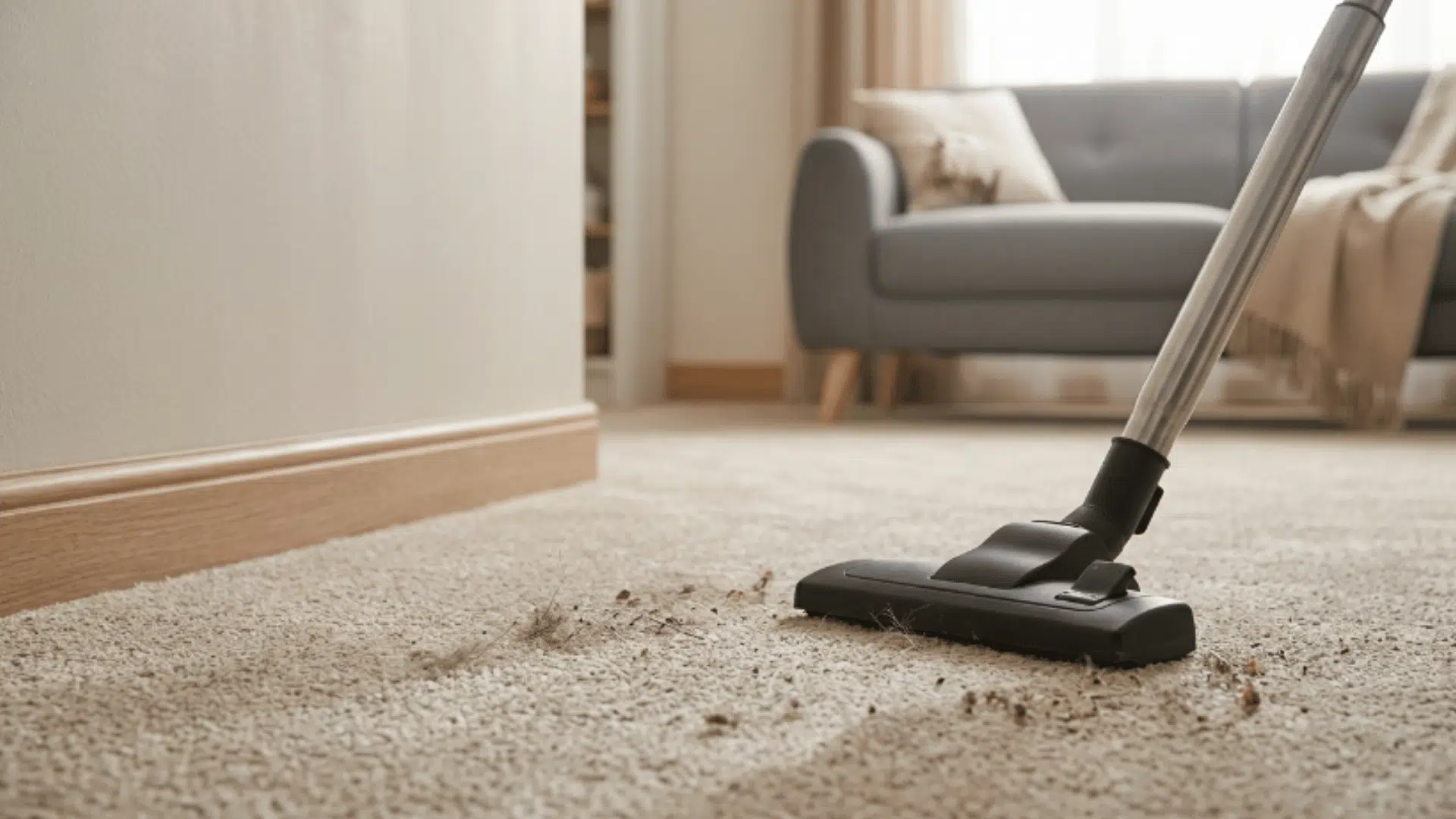 vacuum cleaning carpet edges and corners in a home to remove dust and debris