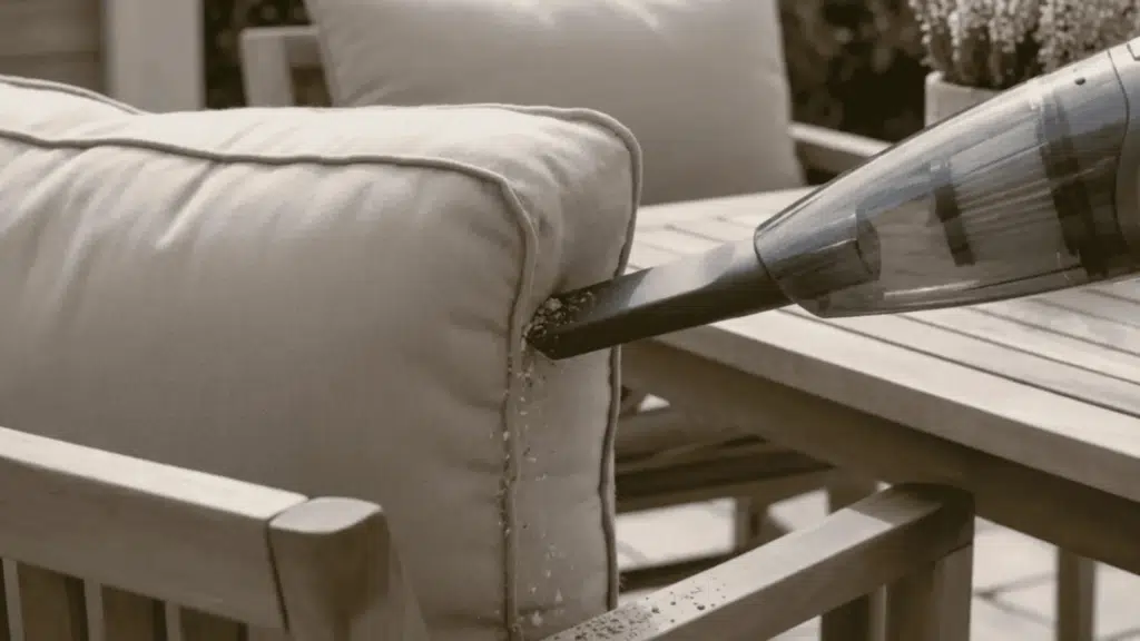 vacuum nozzle cleaning dirt from outdoor cushion seam on patio furniture.