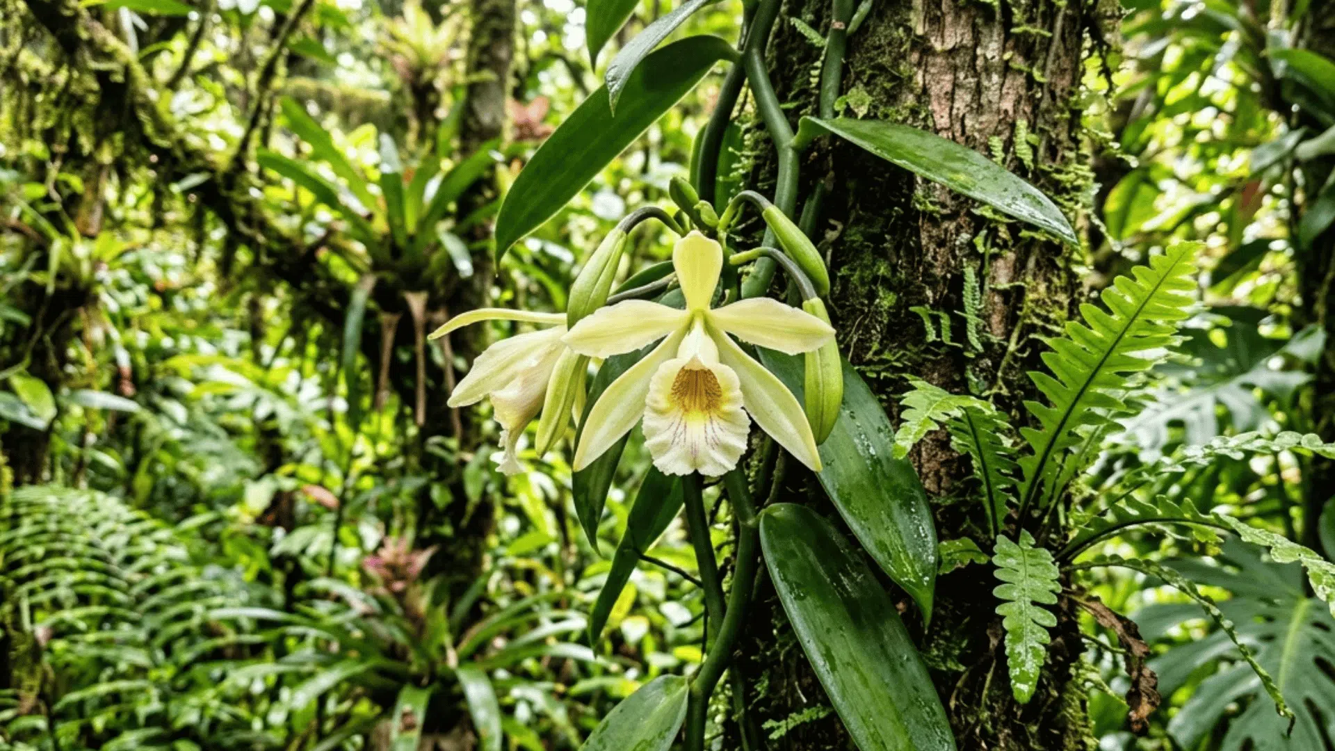 vanilla orchid plant growing on tree in tropical rainforest.