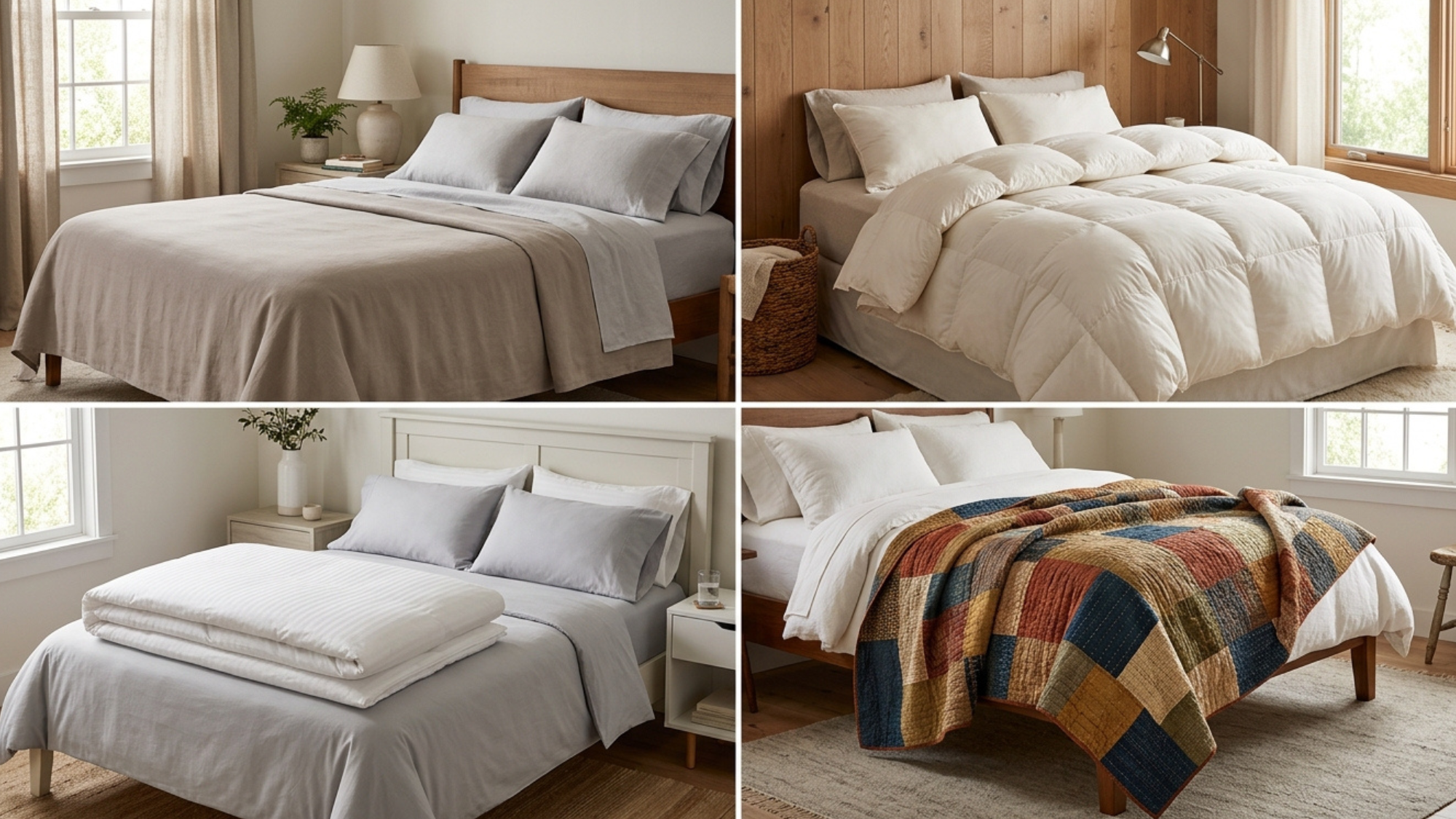 variety of bedroom textiles including sheets, comforters, and blankets displayed on neatly made beds in bright interiors