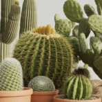 variety of cactus types including barrel, columnar and prickly pear in desert scene