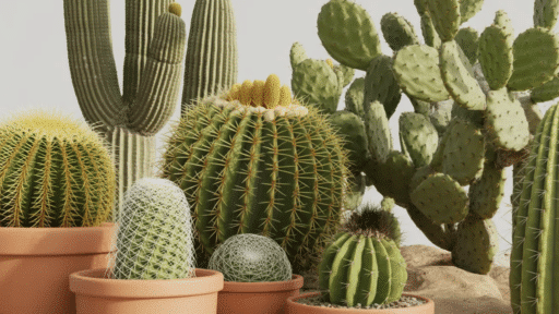 variety of cactus types including barrel, columnar and prickly pear in desert scene