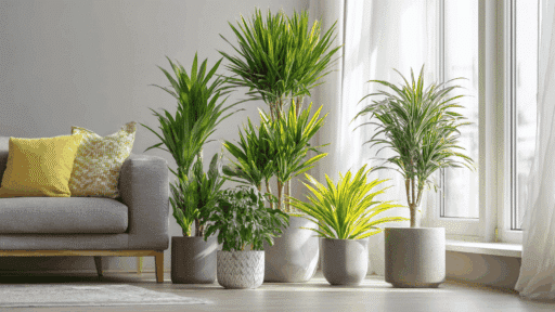 variety of indoor dracaena plants in modern pots displayed in a bright minimalist living room