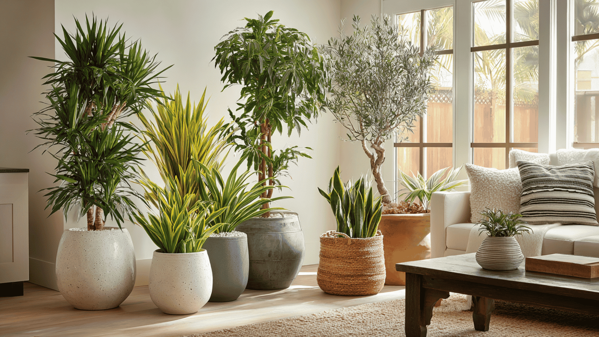 variety of indoor dracaena plants in modern pots displayed in a bright minimalist living room (1)
