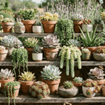 variety of succulents in clay pots arranged on wooden shelves in a garden.