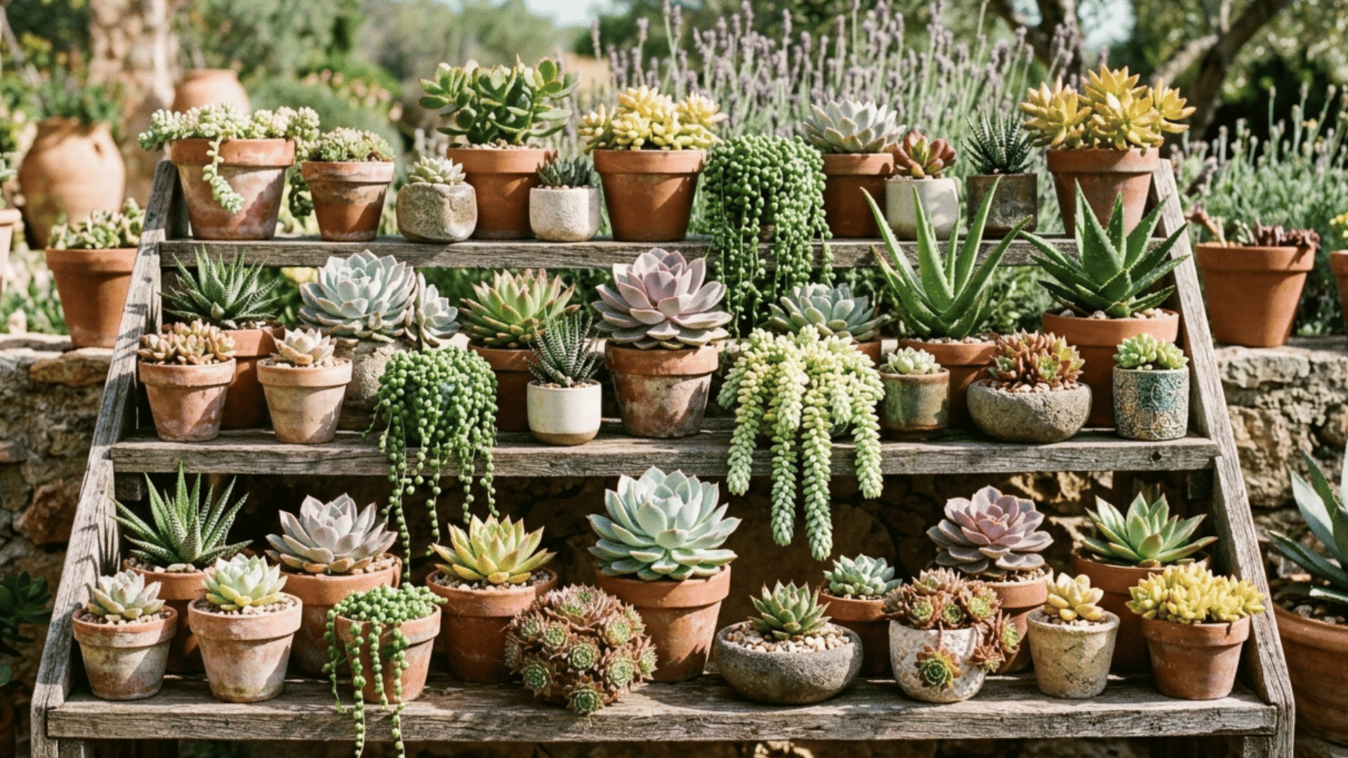 variety of succulents in clay pots arranged on wooden shelves in a garden.