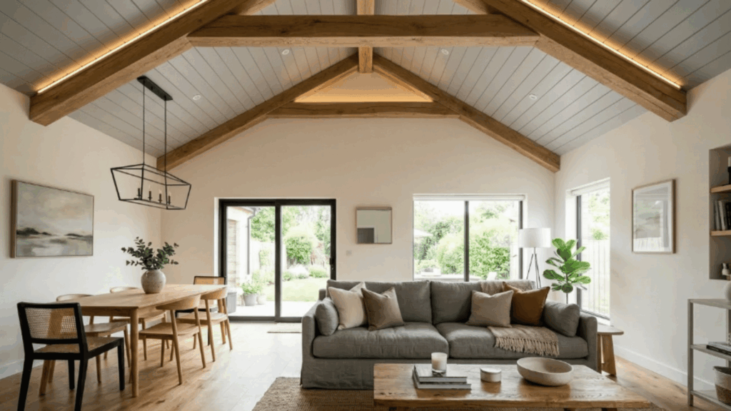 vaulted shiplap panels highlight ceiling height while beam accents add structure and guide the eye upward