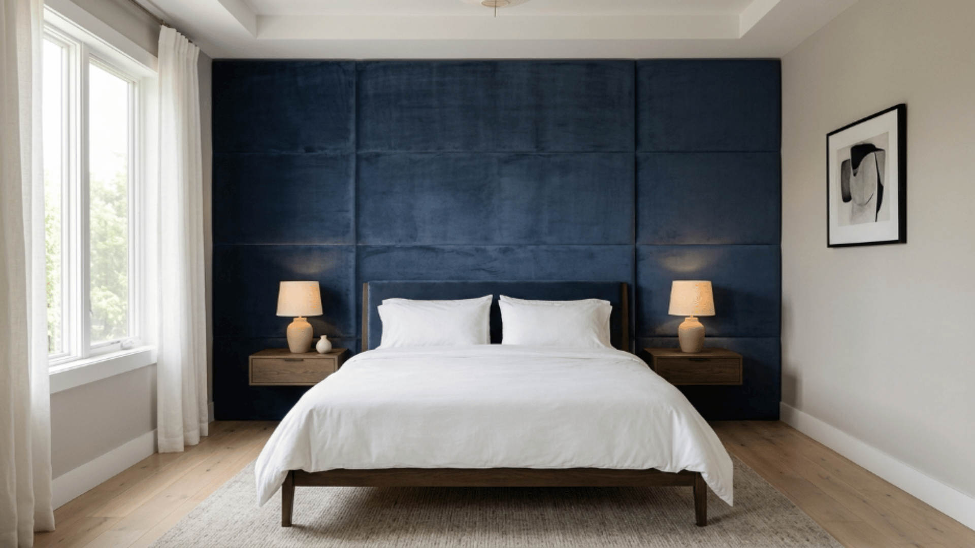 velvet panels adding smooth texture and soft shine to a clean bedroom wall