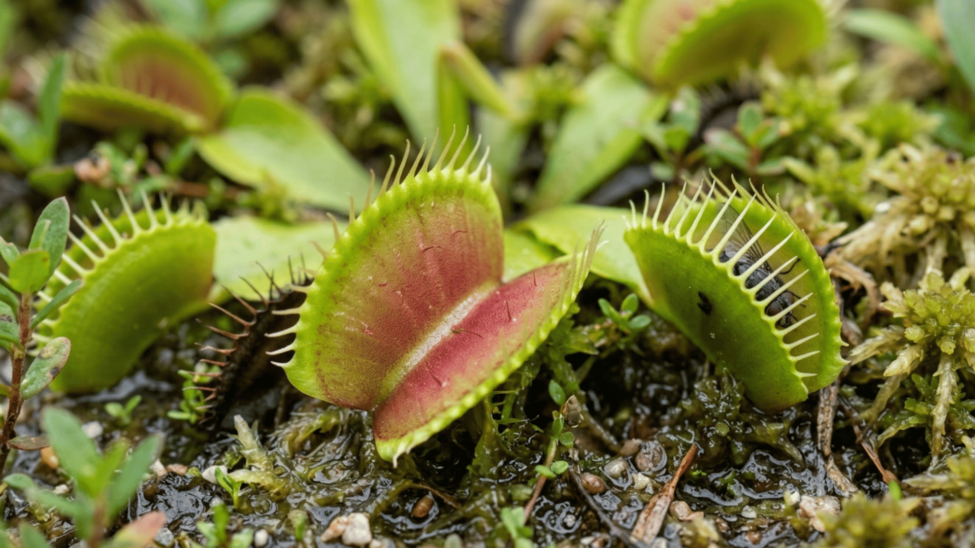 venus flytrap catching insects on damp forest ground.