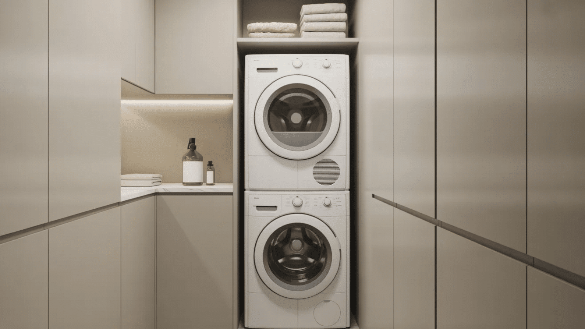 vertical stacked washer and dryer with cabinets, shelf, and minimal modern design