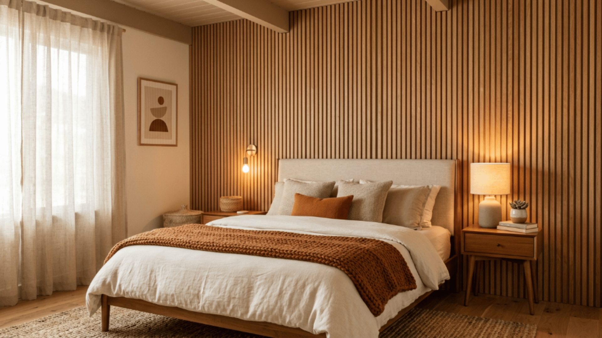 vertical wood slats behind bed adding height, texture, and warmth to a clean bedroom layout