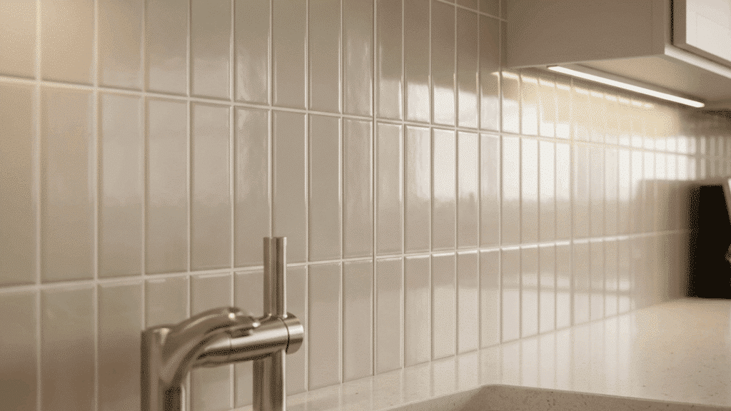 vertically stacked tiles create a clean, tall look for small spaces.